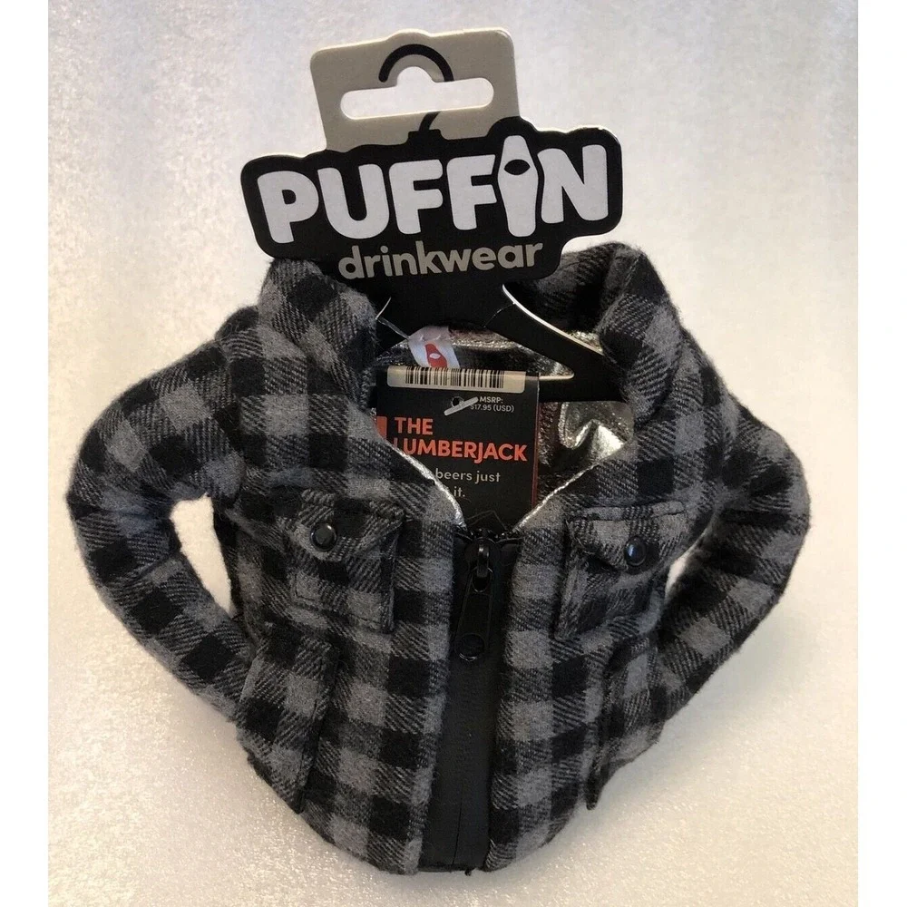 Puffin drinkwear Plaid‎ Pewter Flannel Jacket Shirt Drink Koozie The Lumberjack